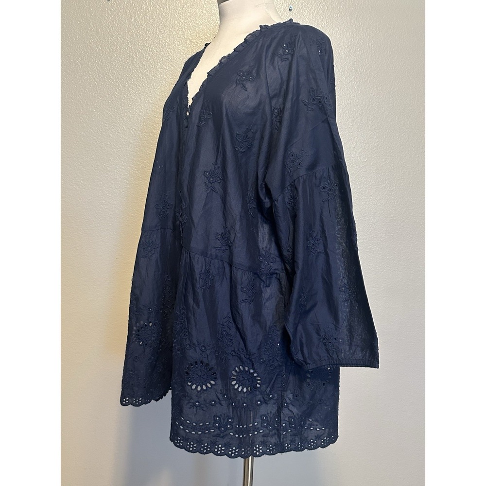 NWT J.JILL Everyday Blouse 3/4 Sleeve Peplum Ruffle V Neck Navy Eyelet Women XLT - Picture 4 of 7
